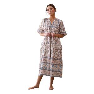 Mille Resort Saffron Floral Midi Dress Womens Small Blue White V-Neck Cotton